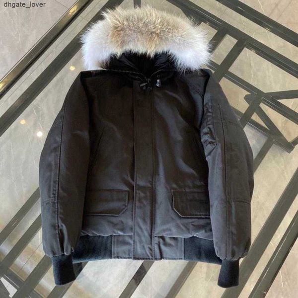 

designer luxury goosie down jacket fur ruff cg winter fit warm canadas men white goosing coat exterior pockets zipper stretch rib cuffeeeh, Black