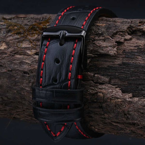 

watch bands 18mm 19mm 20mm 21mm 22mm 23mm 24mm new mens genuine leather black croco grain red stitch watch band strap t221213, Black;brown
