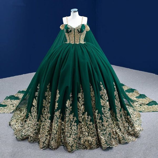 

hunter green princess quinceanera dresses with wrap cape 2023 gold detail pearls applique lace-up corset prom sweet 15 gowns, Blue;red