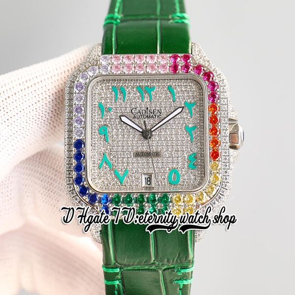 

twf tw0047 m8215 automatic mens watch 40mm colour iced out big diamond bezel paved diamonds dial green arabic markers leather strap super ed, Slivery;brown