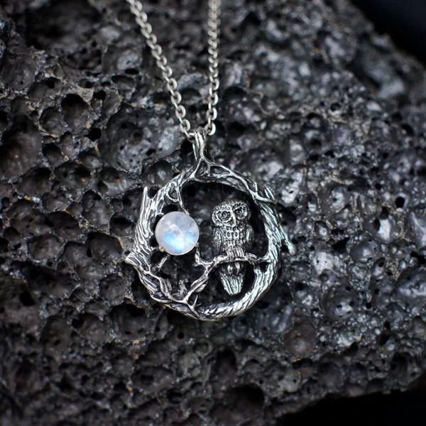 

12pcs moonstone gothic owl pendant necklace for women handmade items grunge accessories, Silver