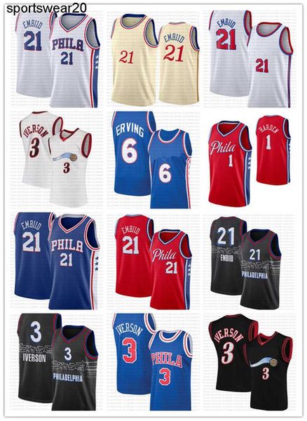 

2022 new joel 21 embiid james 1 harden allen 3 iverson basketball jersey tyrese 0 maxey city julius 6 erving joe sixer edition retro shirt, Black;red