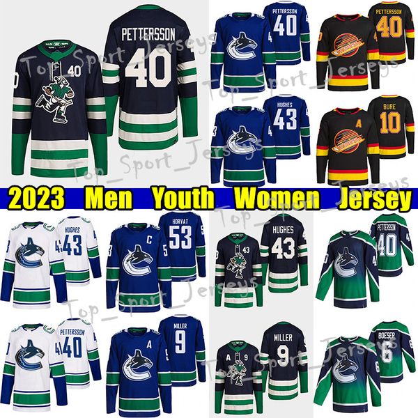 

#43 quinn hughes reverse retro hockey jersey #40 elias pettersson canucks#53 bo horvat brock boeser ethan bear thatcher demko j.t. miller je, Black;red