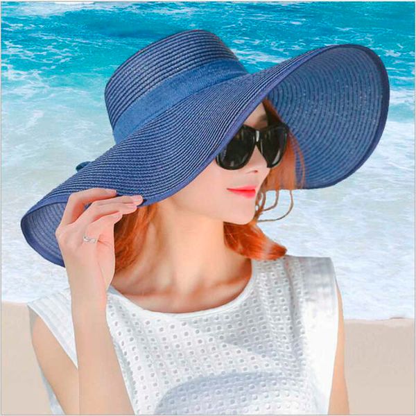 

beanie/skull caps simple summer straw hat women big wide brim beach sun foldable block uv protection panama bone chapeu feminino t221201, Blue;gray