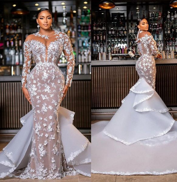 

modest plus size mermaid wedding dresses lace appliques bridal gown custom made 3d floral wedding gowns, White