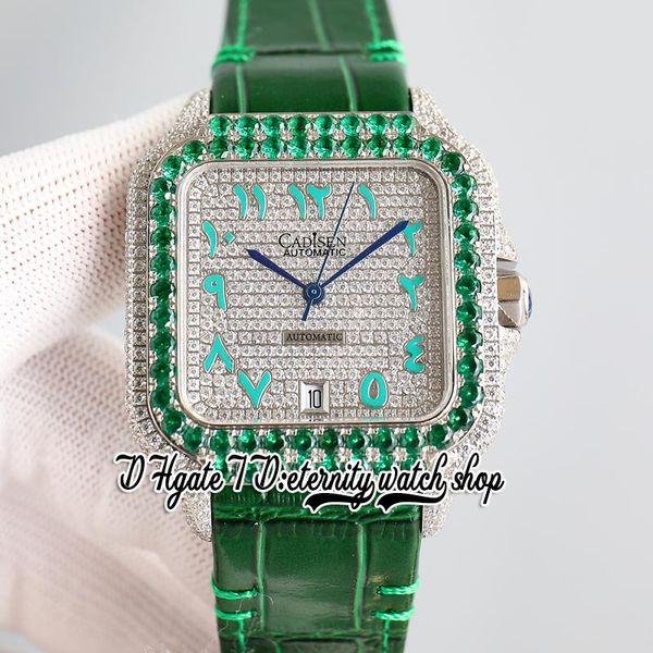 

twf tw0009 m8215 automatic mens watch 40mm green iced out big diamond bezel paved diamonds dial arabic markers leather strap 2022 super edit, Slivery;brown