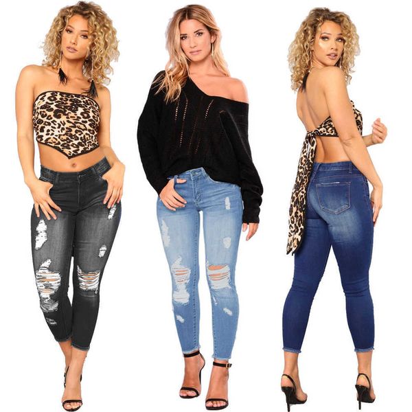 

2022 hole breaking denim women's pants tight xintang wide leg cropped, Blue