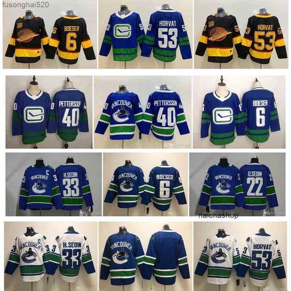 

95 vancouver canucks jersey 40 elias pettersson 6 brock boeser 53 bo horvat 22 daniel sedin black 50th season stitched ice hockey jerseys, Black;red