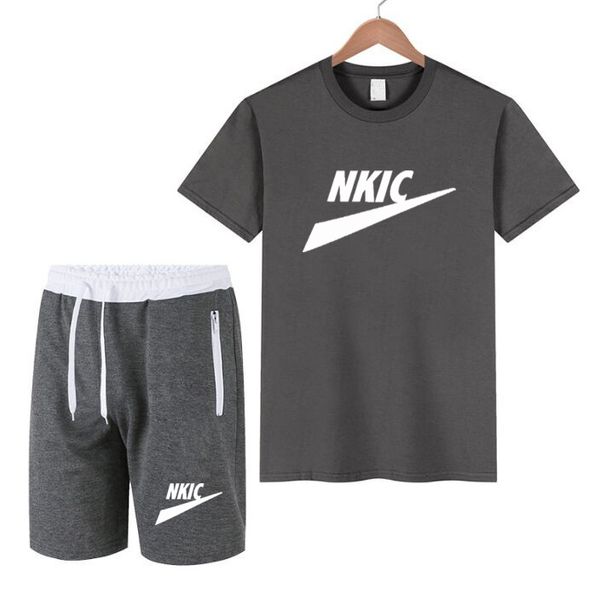 

fashion men's sets men tracksuit men summer print suit 2 pieces fitness sportswears beach shorts mens casual t-shirts male brand logo p, Gray