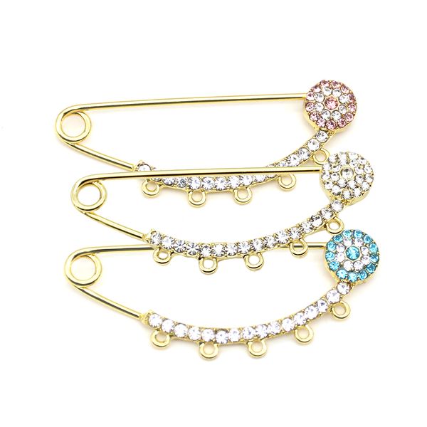 

6.7cm gold /silver plated rhinestone safety pins brooches for newborn crystal hijab scarf turkey evil eye baby pin with 6 loops for diy jewe