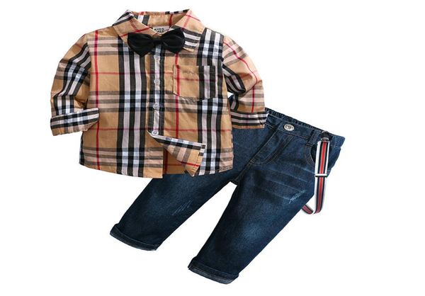 

boys clothing set autumn gentleman suit kids long sleeve bow tie plaid shirtstraps jeans pant children outfits3715533, White