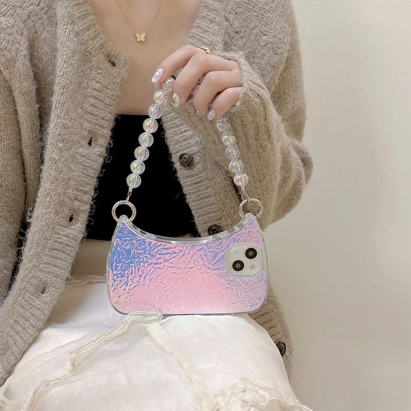 

new luxury cases ins korean beads bracelet underarm bag dazzle gradient laser pleat case for iphone 14 13 12 11 pro max cute handbag cover