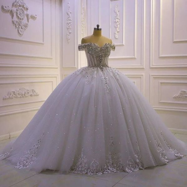 

luxury princess arabic a-line wedding dresses 2023 off shoulder gillter beaded crystal applique lace-up corset bridal gown robes, White