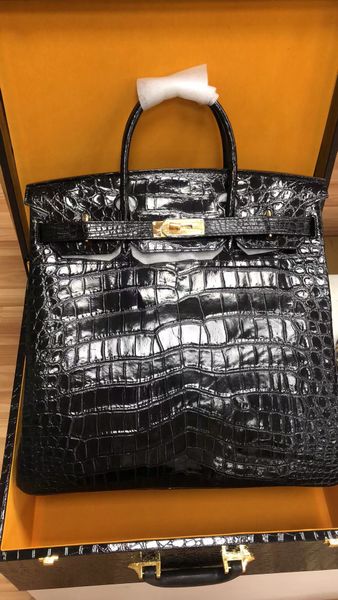 

men totes fully handmade 40cm shinny crocodile skin handbag mens bag golden hardware luxury purse designers bag wax line stitching