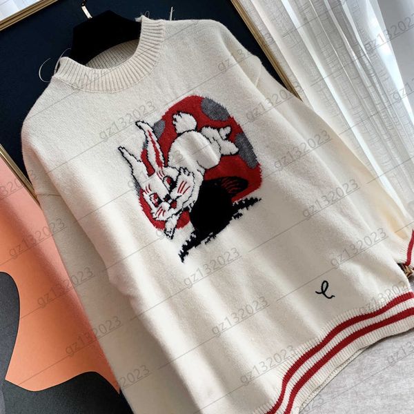 

womens sweaters contrast color rabbit jacquard decoration round neck pullover knit sweater off shoulder design long sleeves warm knitwear wo, White;black