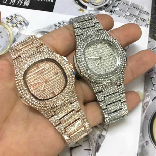 

fashion mens watches diamond wath iced out designer quartz movement men and lady watcheswatch stainless steel clock relogio mascul251k, Slivery;brown