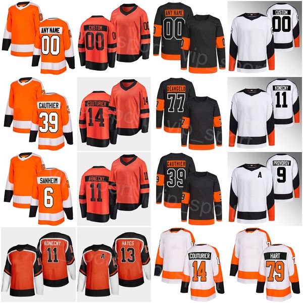 

men kids women hockey reverse retro 13 kevin hayes jersey 9 ivan provorov 79 carter hart 77 tony deangelo 39 cutter gauthier 14 sean couturi, Black;red