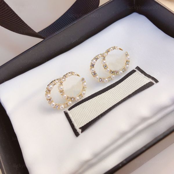 

new charm 18k gold plated luxury designer letter pearl stud clip chain geometry 925 silver crystal rhinestone earrings womens wedding party, Golden