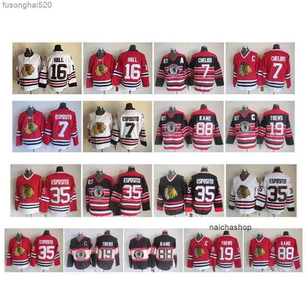 

2023 95 vintage chicago blackhawks jersey 35 tony esposito 16 brett hull 3 pierre pilote 7 phil esposito chris chelios 19 toews ccm retro ho, Black;red