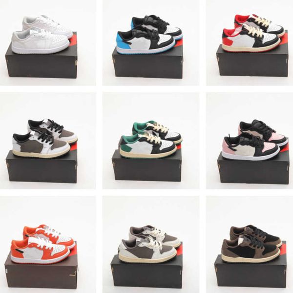 

kids children ts x fragment low jumpman 1 1s sneaker baby toddlers basketball shoes reverse bred black toe mocha travis scotts trainers boys, Black;red