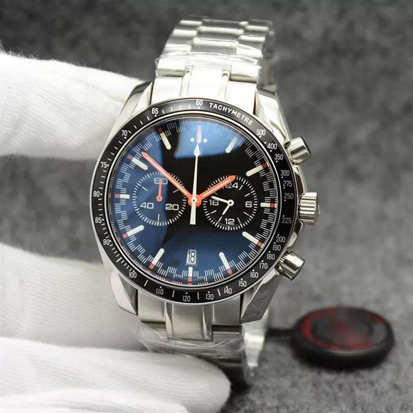 

high grade 44mm quartz chronograph mens watches red hands stainless steel bracelet fixed bezel with a ring showing tachymeter 216s, Slivery;brown