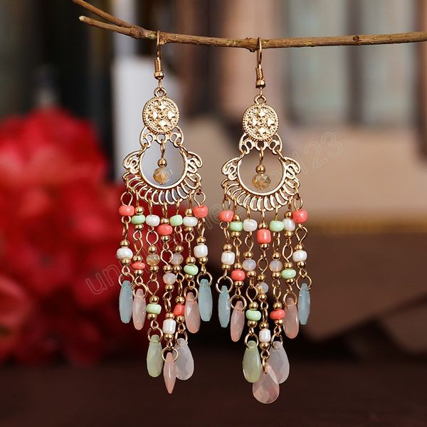 

classic bohemia women's red crystal beads long tassel earrings hangers vintage gold color alloy fashion jewelry wedding dangle earrings, Silver