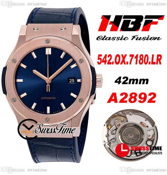 

hbf a2892 42mm automatic mens watch rose gold blue dial stick markers black gummy strap sapphire watches super edition swisstime 23h8, Slivery;brown