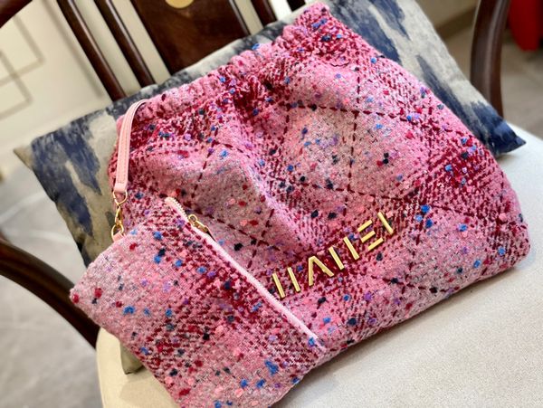 

shoulder bags womens designer wool tweed quilted 22 shopping bags tote pink grey multicolor gold metal hardware matelasse chain large capaci
