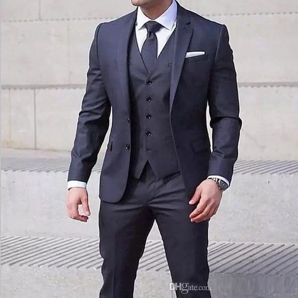 

fashionable navy blue man work suit slim fits groom tuxedos wedding prom blazer dinner party suits jacket pants vest, Black;gray