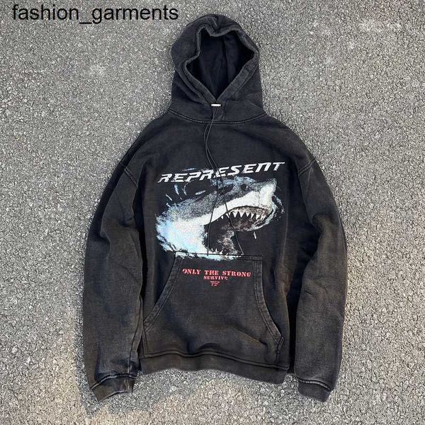 

men's hoodies sweatshirts brand represent great white shark wash used hooded bodysuit men's designer women's high street hood, Black