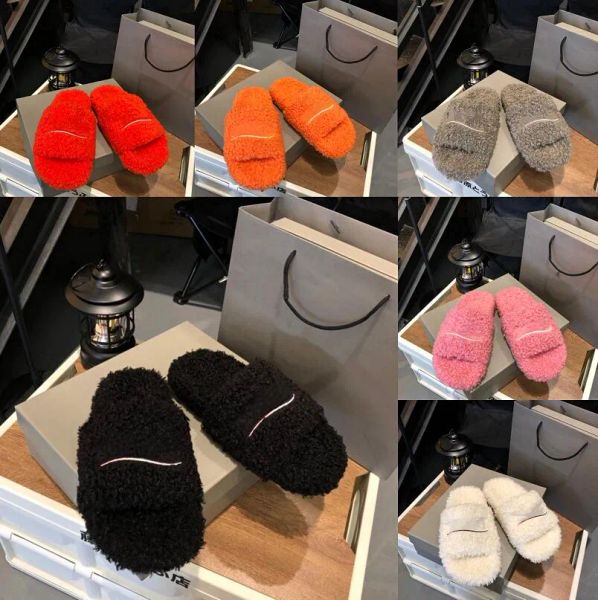 

designer luxury womens slippers ladies winter wool slides fur fluffy furry warm letters sandals comfortable fuzzy girl flip flop slipper-1, Black