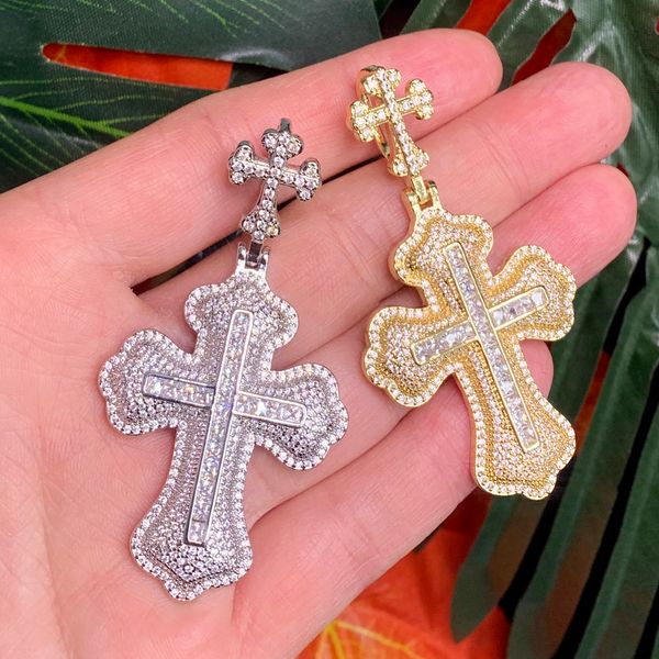 

hip pop iced out bling cz cross pendant necklace full paved cubic zircon gold color neck chain accessories men jewelry, Silver