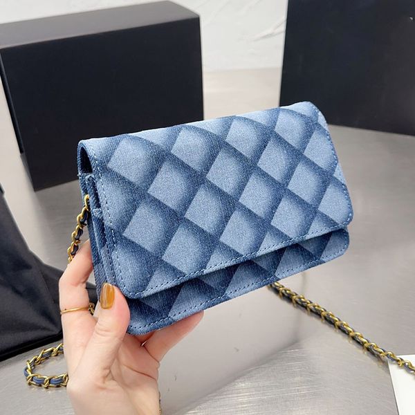 

womens denim woc wallet bags with gold metal hardware matelasse chain crossbody shoulder purse card holder multi pochette outdoor sacoche ha, Red;black