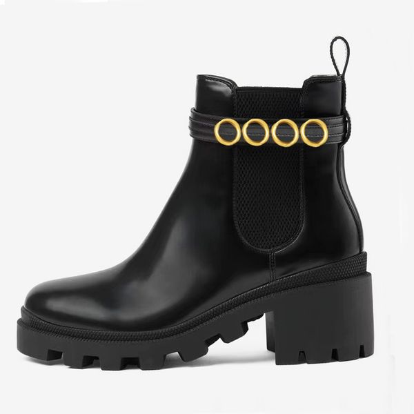 

martin short boots 100% cowhide belt buckle metal women shoes classic bee thick heels leather designer high heeled fashion diamond lady boot, Black