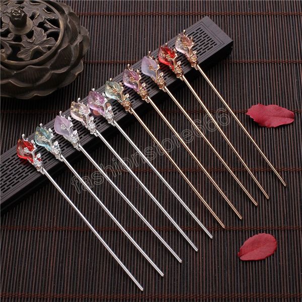 

chinese style hair stick for women girl vintage metal hairpin rose flower hairclip costume decoration fashion hair accessories, Golden;silver