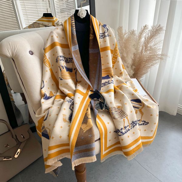 

horse print winter warm shawls cashmere scarf for women luxury geometric thick lady wrap stoles pashmina blanket bufanda, Blue;gray