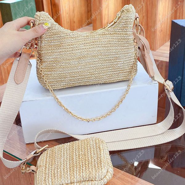 

fashion shoulder bags designer 2 pieces set handbag crossbody luxury handbags women chain straw bag with coin wallet
