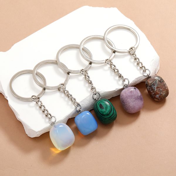 

irregular ellipse crystal opal natural stone key rings square gem charms keychains healing crystal keyrings for women men, Silver