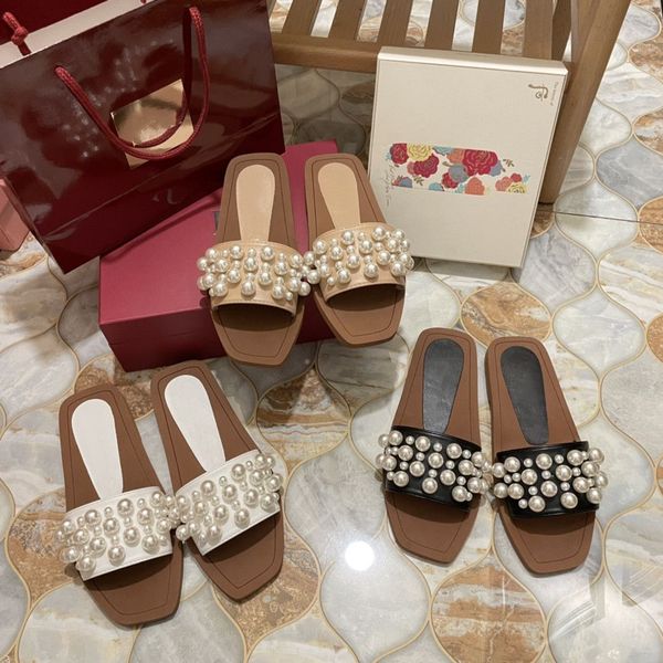 

2022 Hand Beaded Slippers Sandals Microfiber Leather Ladies Fashion Designer Slippers Beach Flats 3 Colors 35-41, White