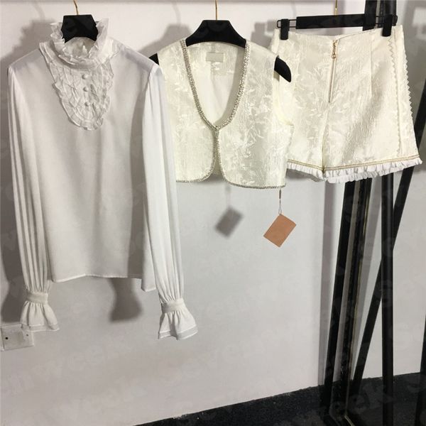 

brands womens shirts vest shorts sets ruffle collar temperament long dleeve shirt luxury rhinestone tanks high waist short pants, White