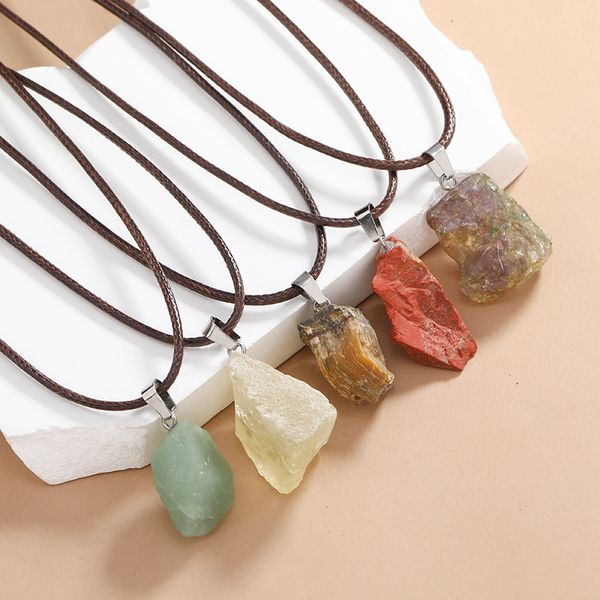 

natural irregular rough raw fluorite stone pendant healing crystal gemstone brown rope chain necklace women jewelry, Silver
