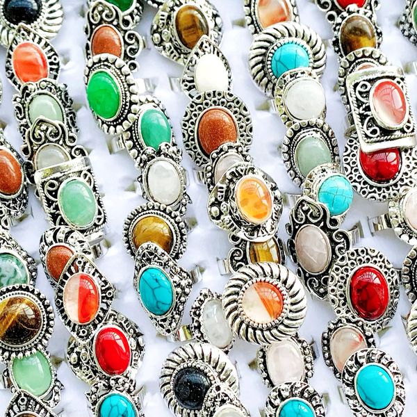 

20pcs/lots colorful natural stone crystal vintage rings for women open adjustable antique silver fashion wedding party finger jewelry gift w, Golden;silver