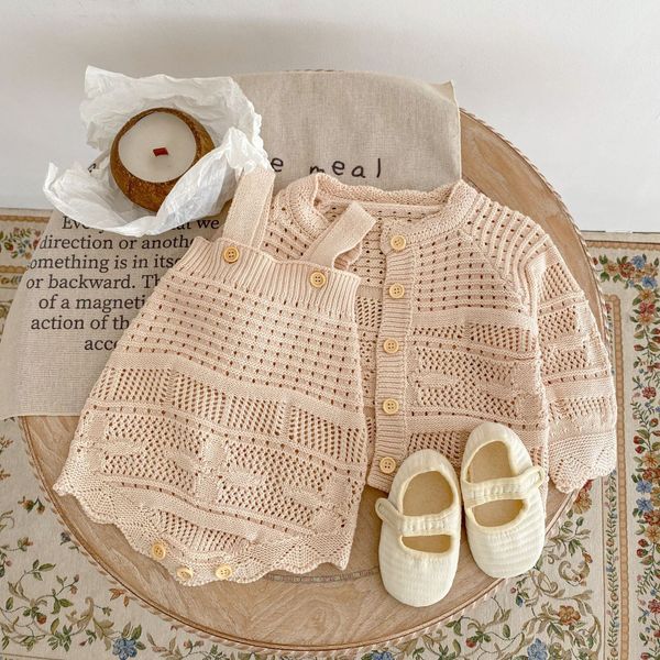 

ins cute spring fall knit clothing sets kids long sleeve hollow out cardigan romper baby clothes 100% cotton, White