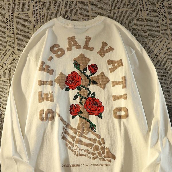 

designer custom bone cross rose print long sleeve t-shirt for men and women pullover streetwear hoodies, Black