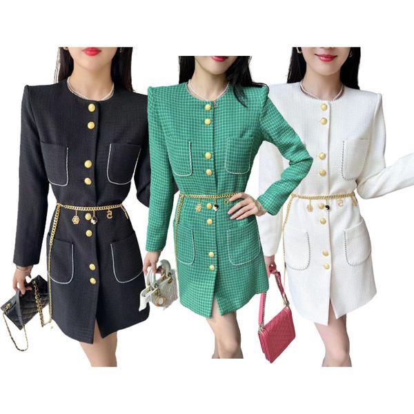 

women's wool & blends simple coat round neck single breasted chain belt waistband slim dress 2023 spring summer three color four size w, Black