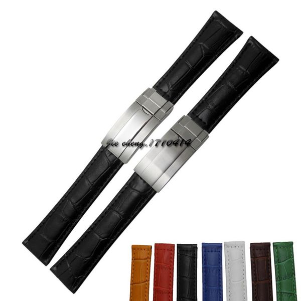 

jawoder watch band 20mm brown green blue black yellow white red crocodile lines genuine leather strap deployment buckle for 116610267u, Black;brown