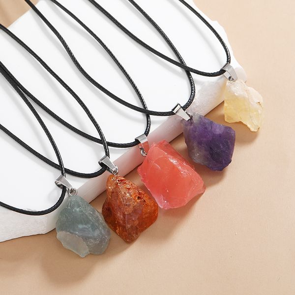 

natural irregular rough raw fluorite stone pendant healing crystal gemstone black rope chain necklace women jewelry, Silver