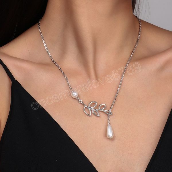 

bohemian vintage simple casual hollow leaf white simulated pearl water drop pendant necklace clavicle chain jewelry, Silver