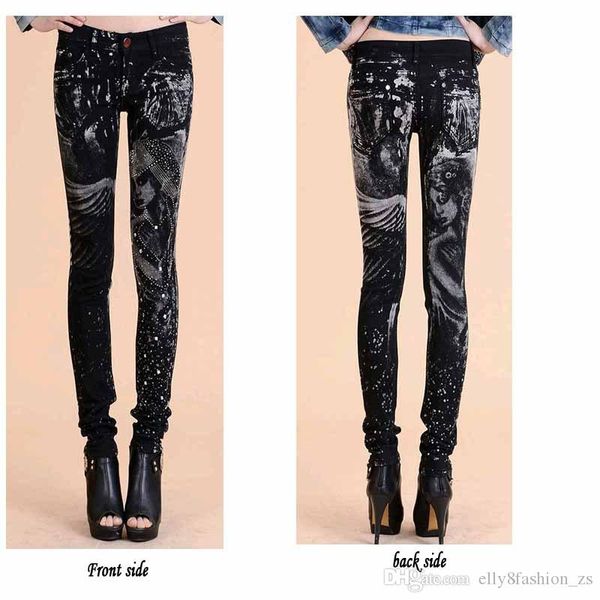 

fashion jeans woman casual black pencil jean pants girl drilling printing pattern shiny 6075, Blue