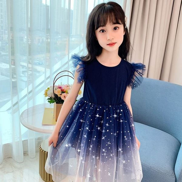 

ins girls summer new 2022 western style starry sky gradient short sleeve dress princess dress tulle tutu skirt kids skirt, White;black